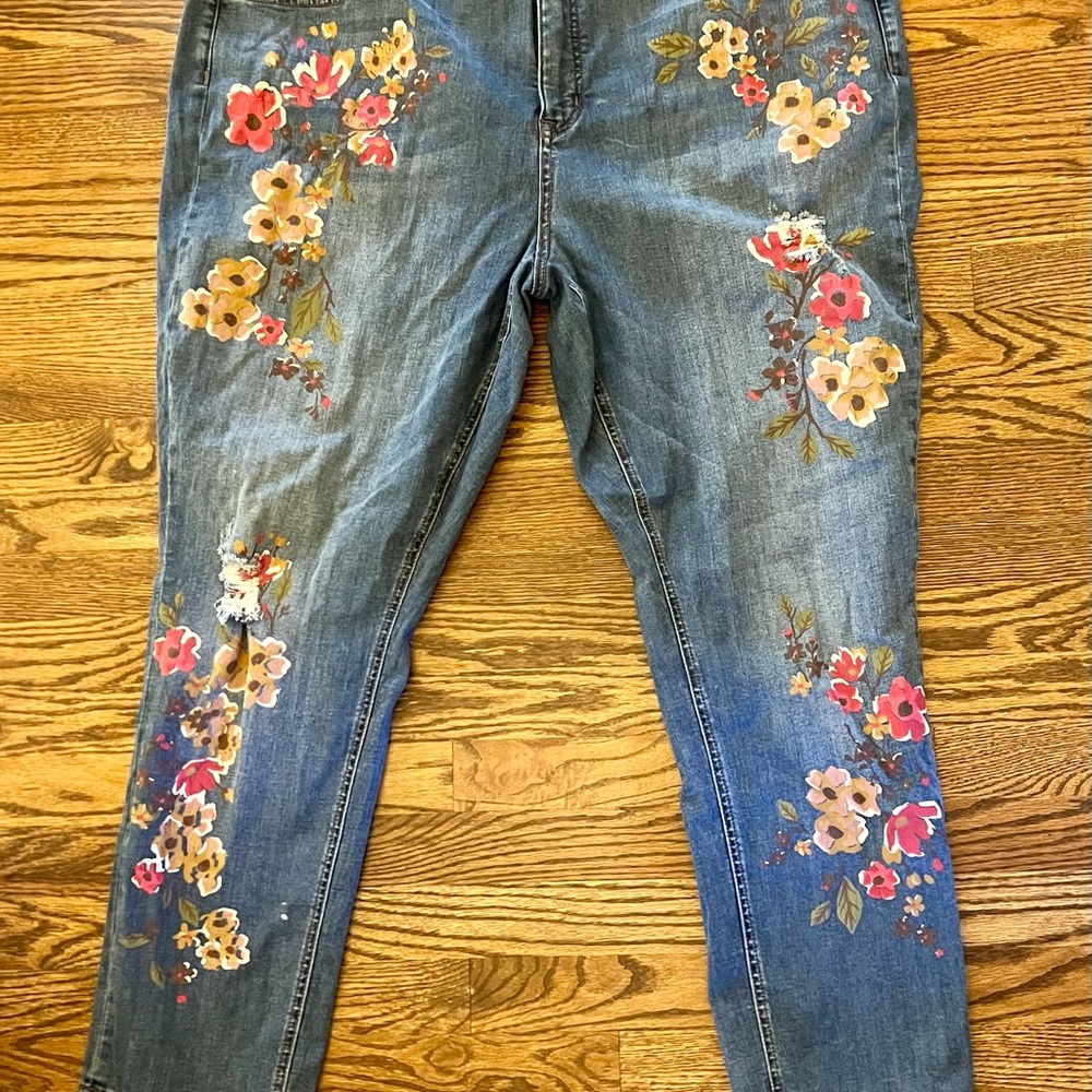 Melissa McCarthy SEVEN7 Floral Painted Jeans Straight-Leg 28W